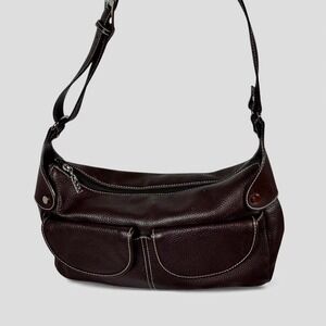 MAXX New York Genuine Leather Hobo Shoulder Bag Dark Brown White Stitch Accent